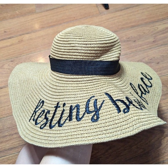 Paper Hat Resting Beach Face Floppy Straw Sun Hat Black Ribbon One Size Ties Tan - Picture 2 of 6